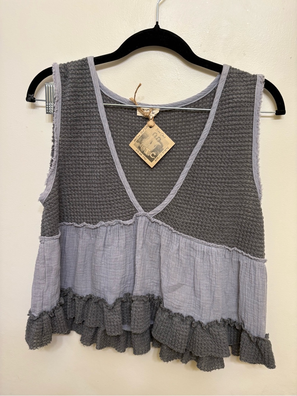 Tribal Two-Tone Gray Layered Ruffle V-Neck Tank Top